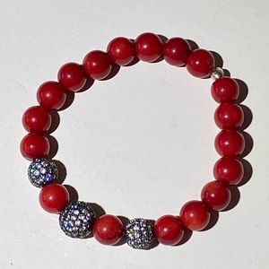 Coral with sterling CZ bead stretch bracelet